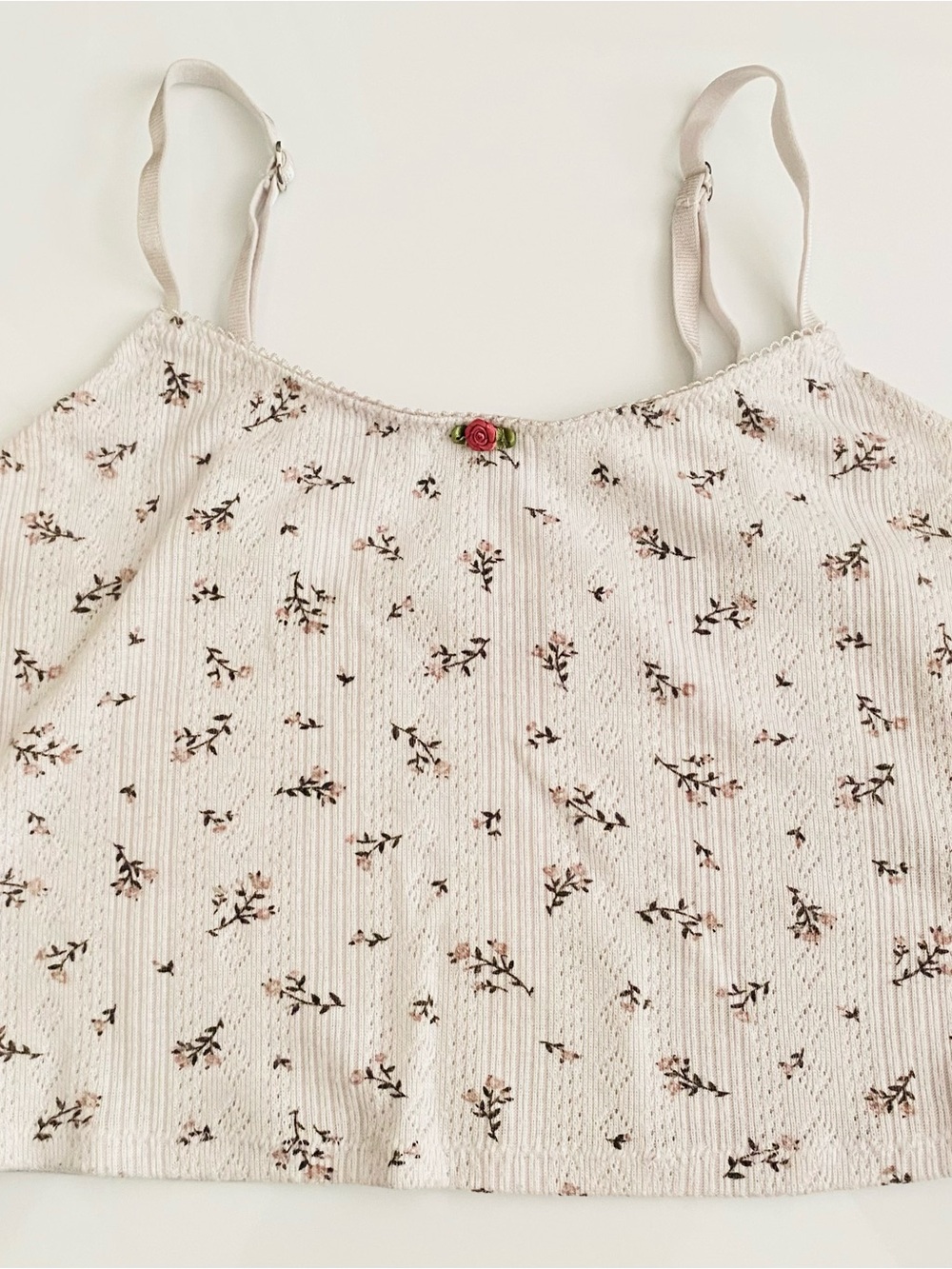 White Cropped cami tank top with Pink Floral Print and Rose Accent - Picture 4 of 7